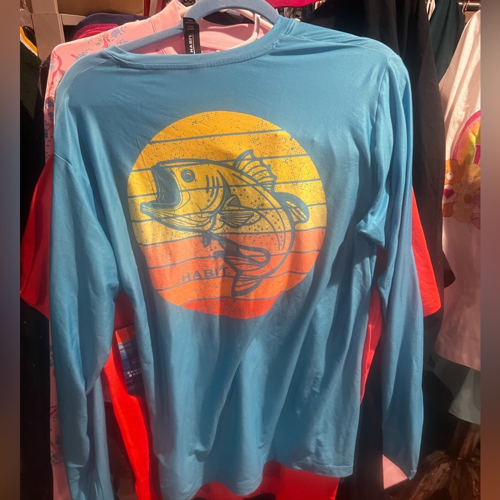 Men’s blue habit rashguard long sleeve blue with the fish on the back